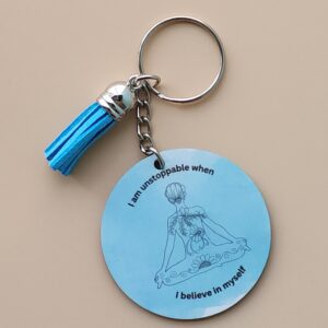 Blue Yoga Pose Sublimated Keychain with Leather Tassel | Motivational Quote
