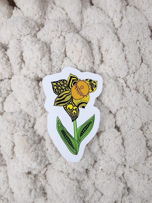 Unique Zentangle Sticker with Black and Yellow Daffodil Design - Nature Inspired